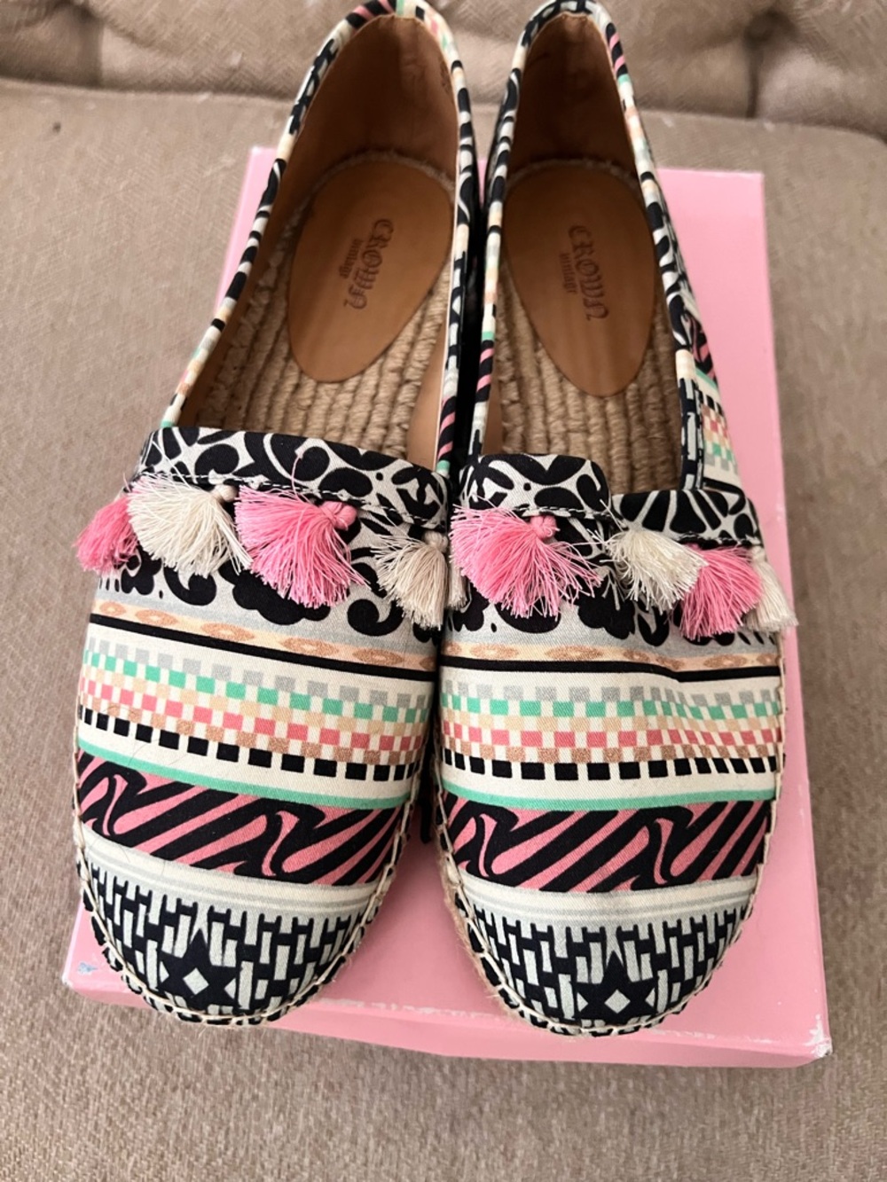 Crown Pink, Cream & Black Patterned Tassel Slip-On Flats